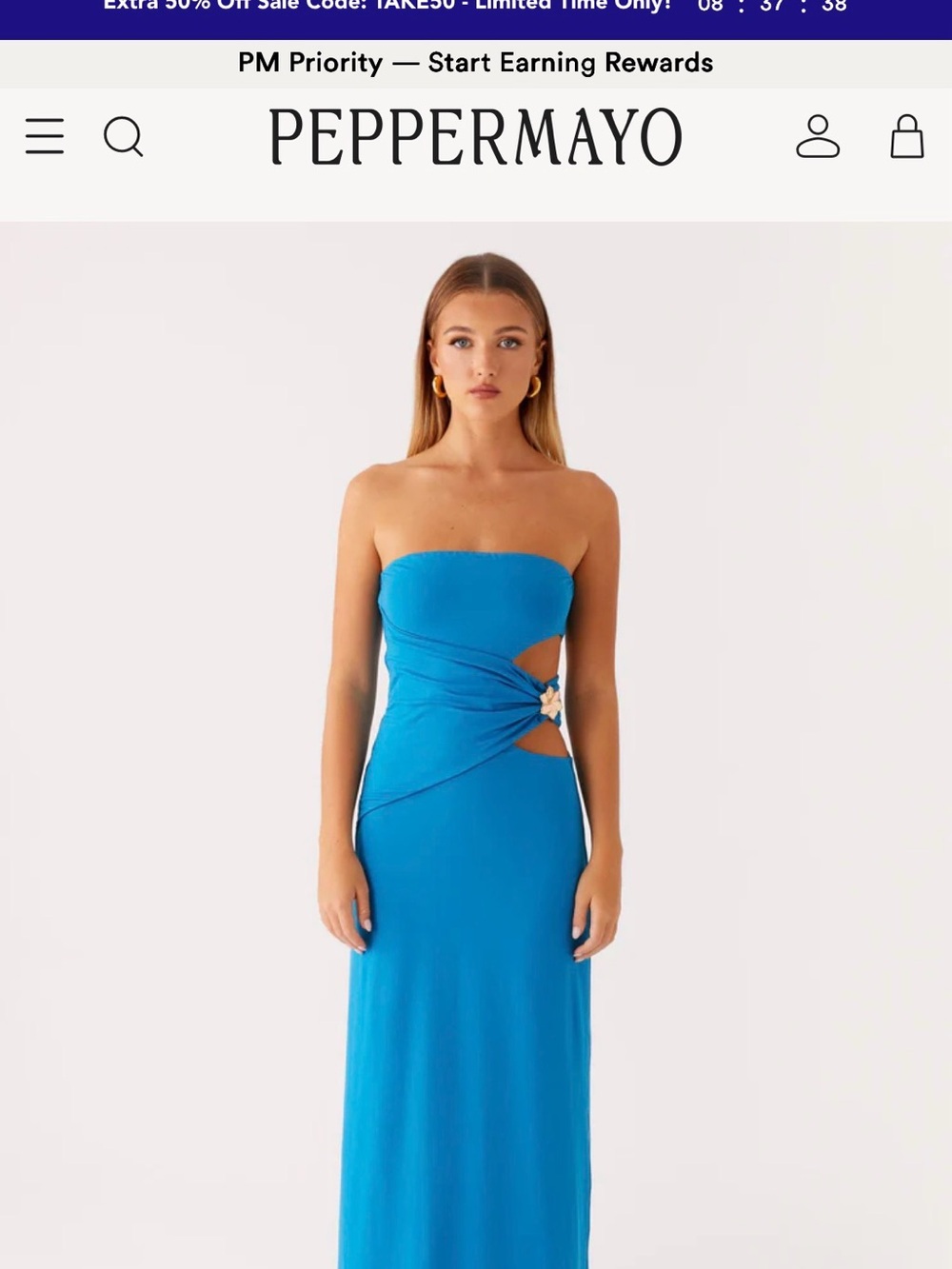 Peppermayo Bright Blue Strapless Cutout Maxi Dress with Side Knot